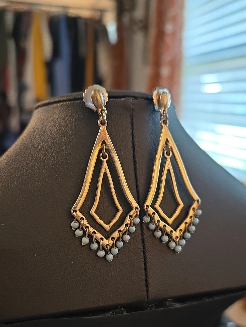 Gold-Tone Drop Earrings with Light Gray Bead Fringe